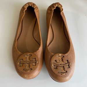 Tory Burch Tan Leather Logo Flats